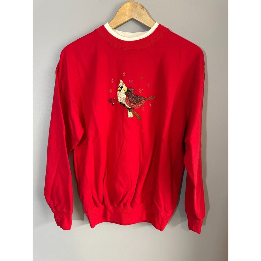 Vtg 90s Cardinal WOmens Size M Embroidered Sweatshirt Holiday Mockneck Red‎ Top